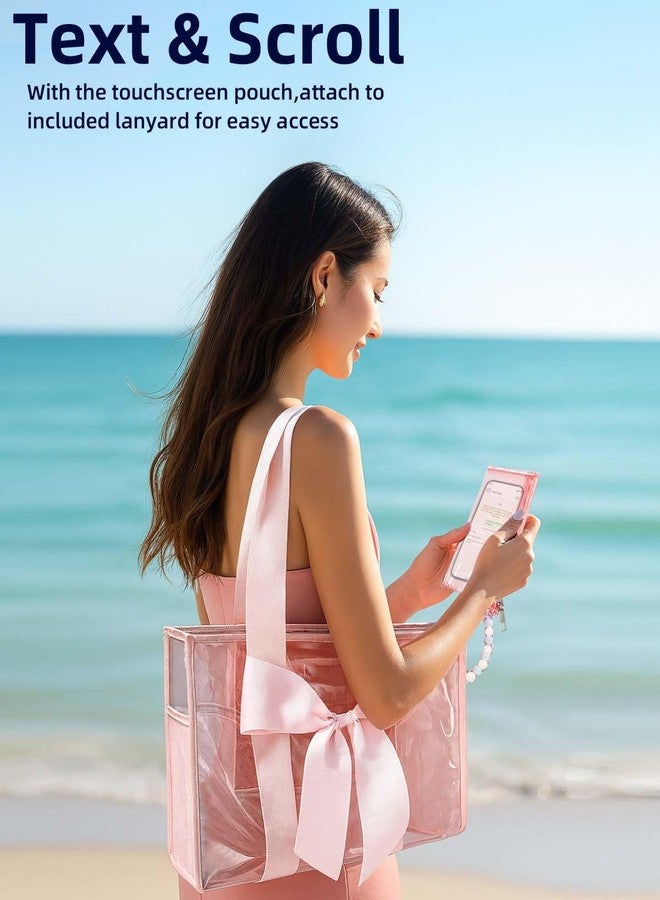 URZCT Beach Tote Bag for Women，Pink Beach Bag with Bow，Large Waterproof Zipper Bag - Image 4